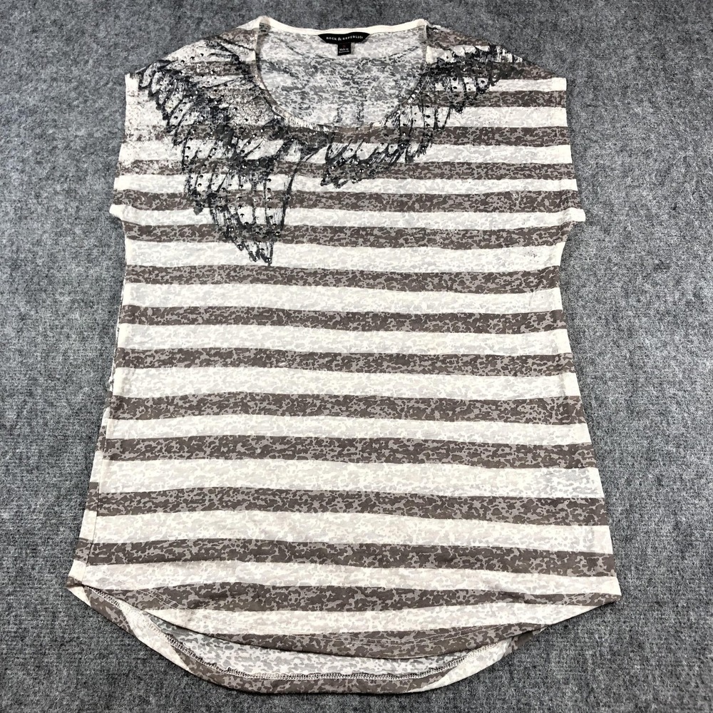 Rock & Republic‎ Shirt Women's Small Gray White Striped Angel Wing Gem stone